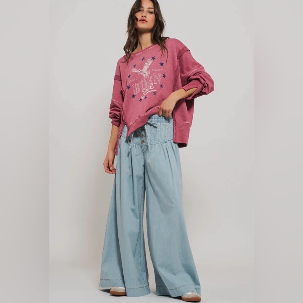 Urban Daizy Pintuck Wide Leg Jeans Light Wash Drawstring NWT Size L - Picture 8 of 9